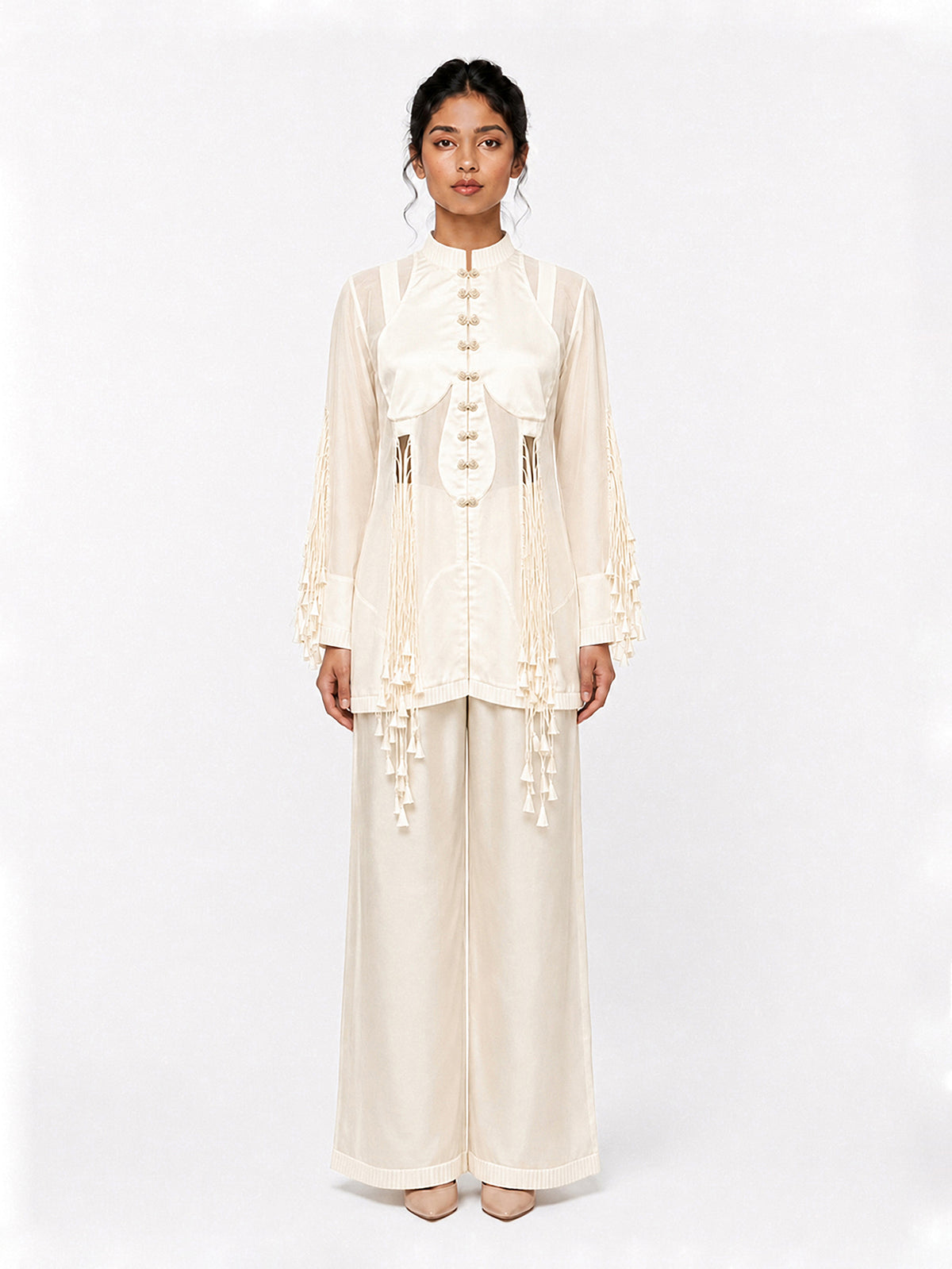 Cut-out tassels jacket + Broad trouser set