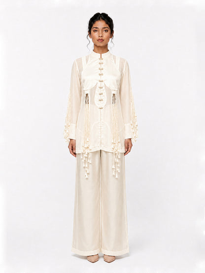 Cut-out tassels jacket + Broad trouser set