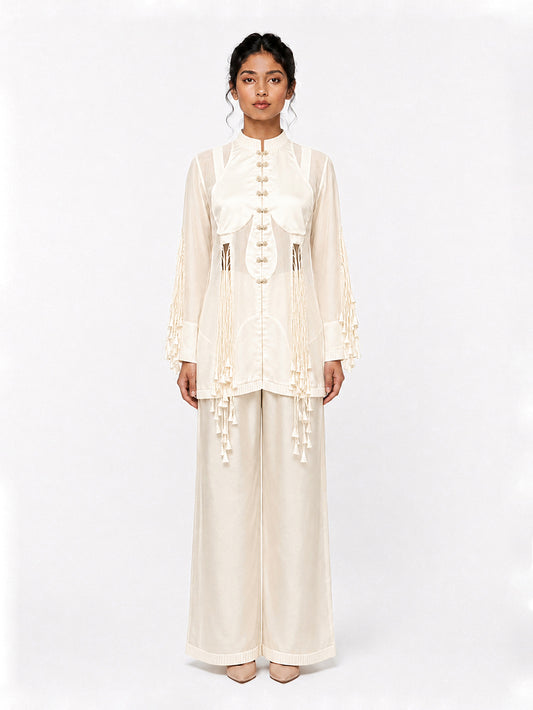 Cut-out tassels jacket + Broad trouser set